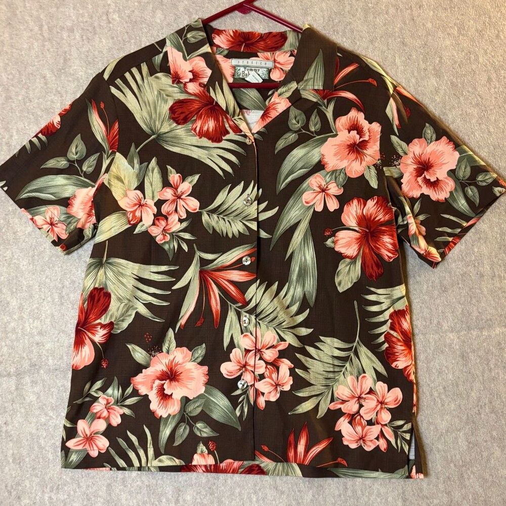 Vintage Tommy Bahama Silk Hawaiian Camp Shirt Womens M Floral Brown Multicolor